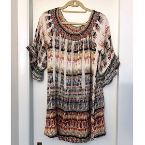 Fashion Fuse Womens Boho Tribal Print Smocked Bell Sleeve Tunic Top Dress Medium